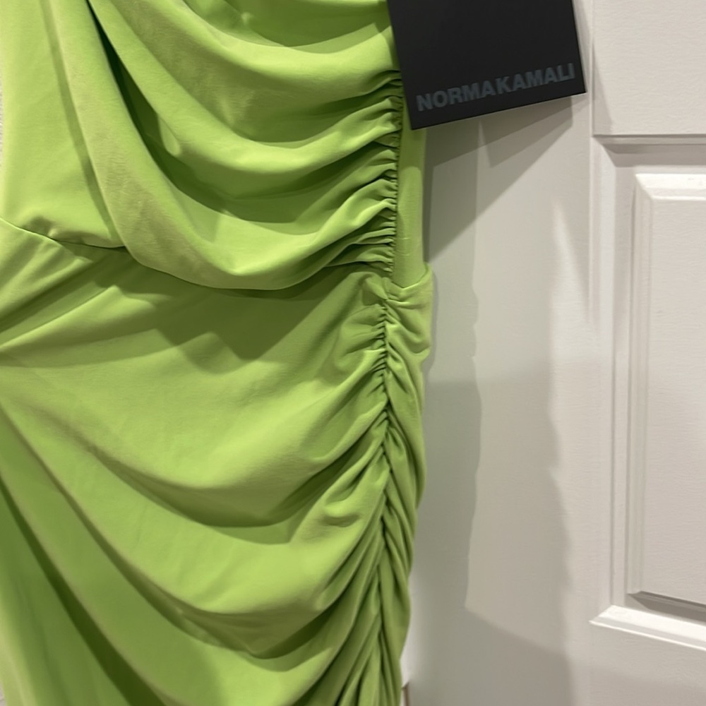 Norma Kamali Neon Lime Ruched Asymmetrical Halter Dress - Picture 5 of 11